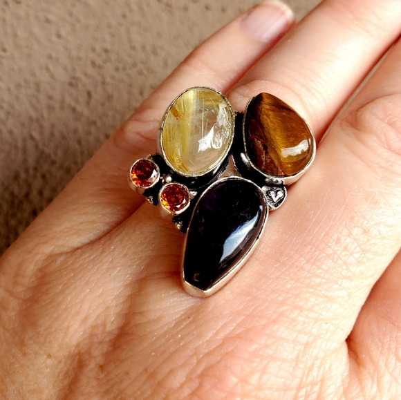 New Amethyst, Golden Rutile, Tiger Eye and Garnet 925 Silver Ring. - Picture 6 of 15